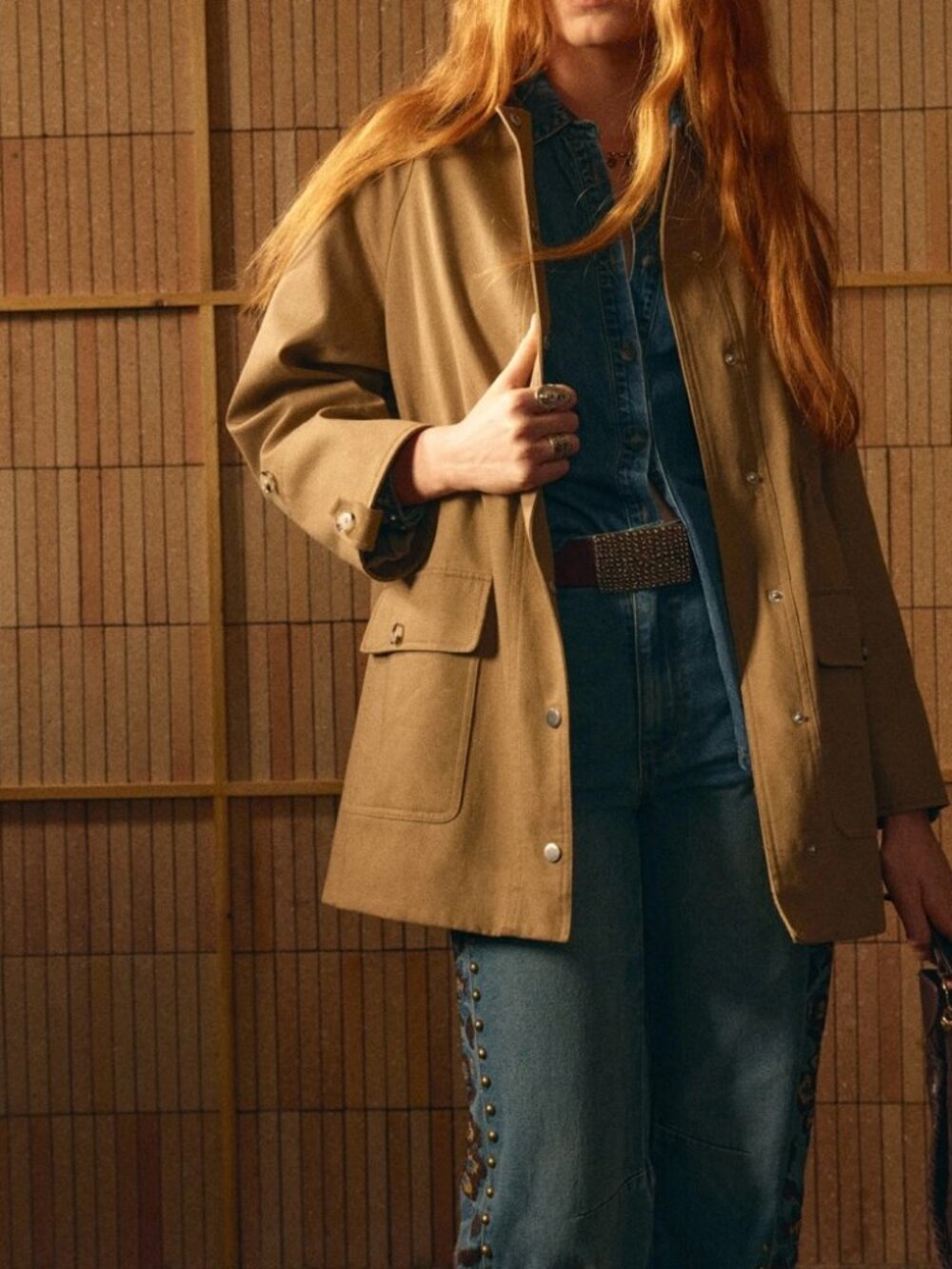 Tan Cotton Oversized Utility Cargo Jacket with Flap Pockets